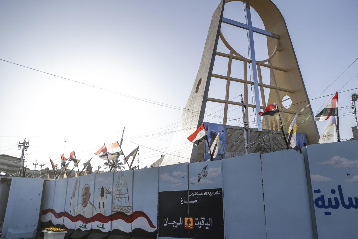 A mural depicting Pope Francis is seen in Baghdad, Iraq, Friday, March 5. 