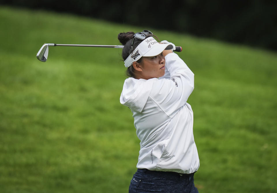 Megan Khang, of the United States, watches her second shot on the 18th hole during the second round at the LPGA CPKC Canadian Women's Open golf tournament in Vancouver, British Columbia, Friday, Aug. 25, 2023. (Darryl Dyck/The Canadian Press via AP)