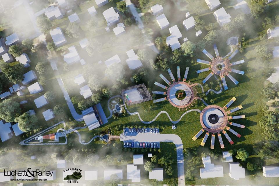 A rendering imagines the Camp Restoration community for veterans in Louisville, Ky.