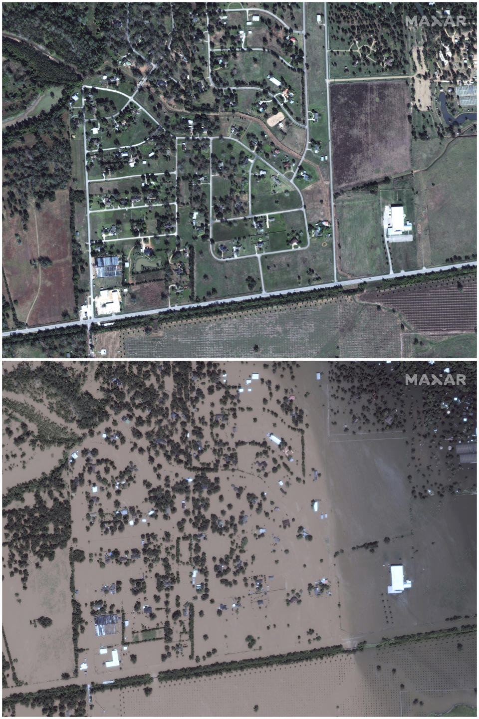 This July 8, 2017, image provided by Maxar Technologies shows Simonton, Texas, west of Houston, on Nov. 20, 2016, top, and on Aug. 30, 2017. (Satellite image ©2019 Maxar Technologies via AP)