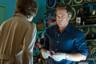 Michael C. Hall as Dexter Morgan and Charlotte Rampling as Dr. Vogel in the "Dexter" Season 8 episode, "Make Your Own Kind of Music."