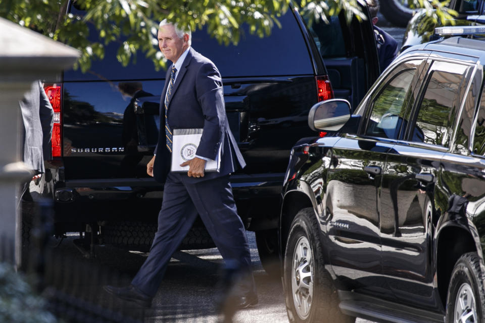 Vice President Mike Pence arrives to the West Wing of the White House, Sunday, Sept. 15, 2019, in Washington. (AP Photo/Jacquelyn Martin)