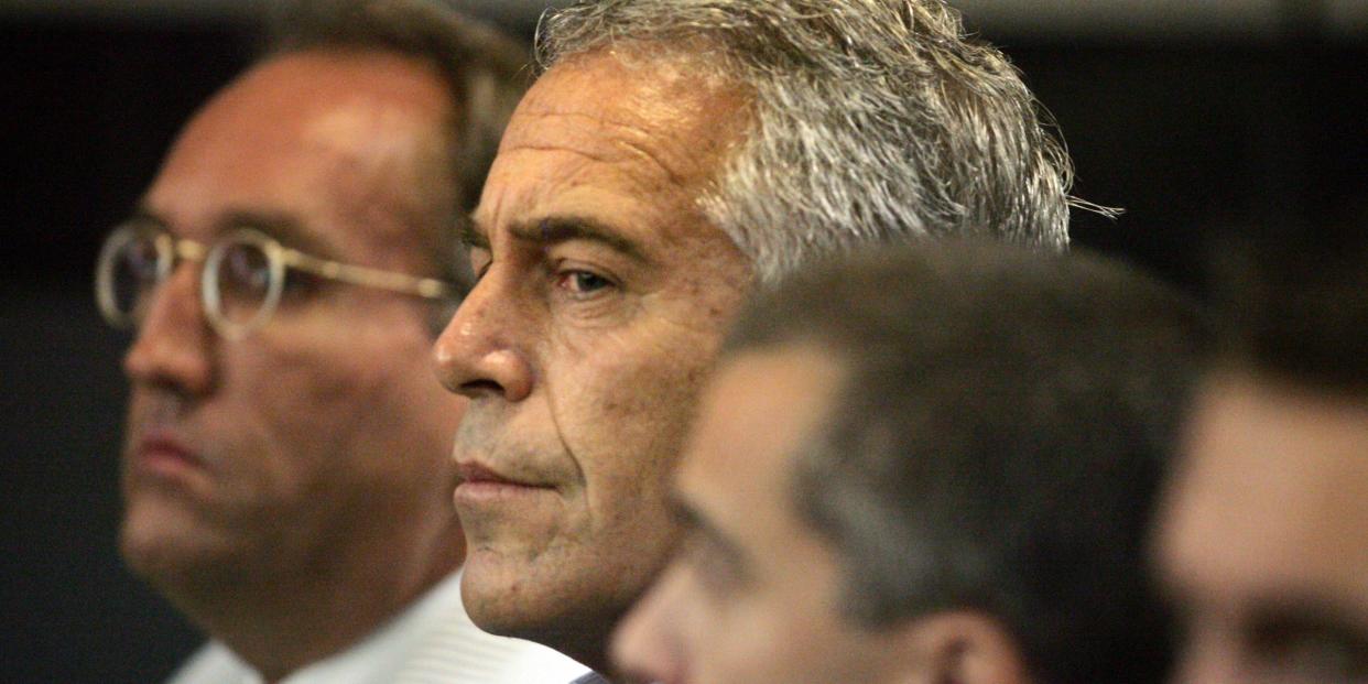 FILE- In this July 30, 2008 file photo, Jeffrey Epstein appears in court in West Palm Beach, Fla. Epstein has died by suicide while awaiting trial on sex-trafficking charges, says person briefed on the matter, Saturday, Aug. 10, 2019. (AP Photo/Palm Beach Post, Uma Sanghvi, File)