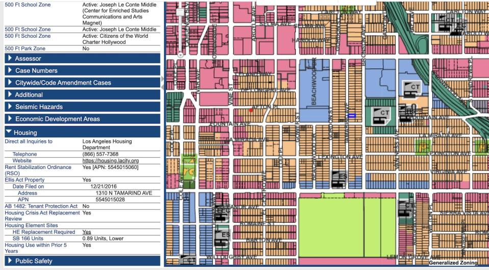 A screenshot of Los Angeles' Zone Information Map Access System, which indicates a Hollywood Home's properties was in a rent-stabilized building.