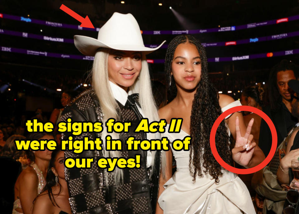 Beyoncé and Blue Ivy pose for a picture at the Grammys with an arrow pointing at Beyoncé's cowboy hat and a circle around Blue's hand giving the peace sign