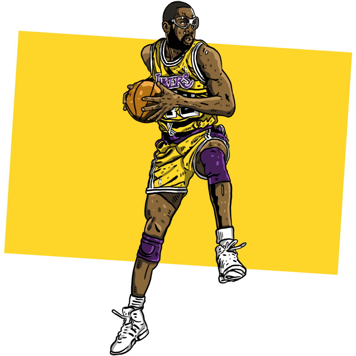 Illustration of James Worthy in a yellow jersey jumping up with a ball in both hands.