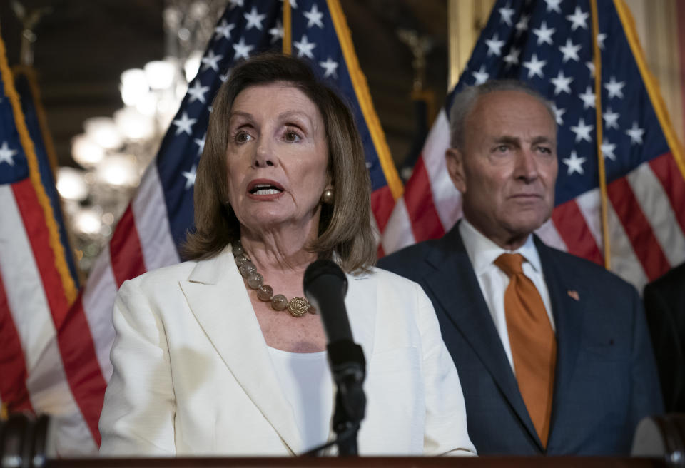 Speaker of the House Nancy Pelosi, D-Calif., joined at right by Senate Minority Leader Chuck Schumer, D-N.Y., calls for a Senate vote on the House-passed Bipartisan Background Checks Act as Congress returns for the fall session with pressure mounting on Senate Majority Leader Mitch McConnell to address gun violence, at the Capitol in Washington, Sept. 9, 2019.  (Photo: J. Scott Applewhite/AP)                                                                                                                                                                                                                                                                                                                        