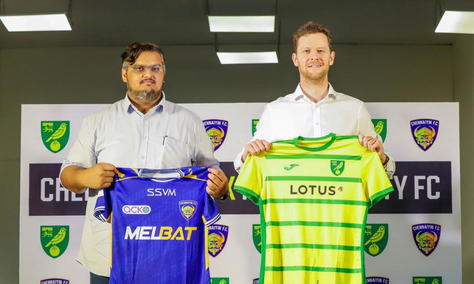 <span>Ekansh Gupta, the vice-president of Chennaiyin FC, and Sam Jeffery, the commercial director at Norwich.</span><span>Photograph: Norwich City FC</span>