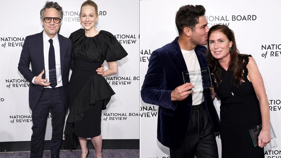 (Left) Mark Ruffalo (Best Supporting Actor honoree) and presenter Laura Linney; (Right) Zac Efron and Maura Tierney pose with the Best Ensemble award for “The Iron Claw” during the National Board of Review 2024 Awards Gala. (Jamie McCarthy/Getty Images for National Board of Review)