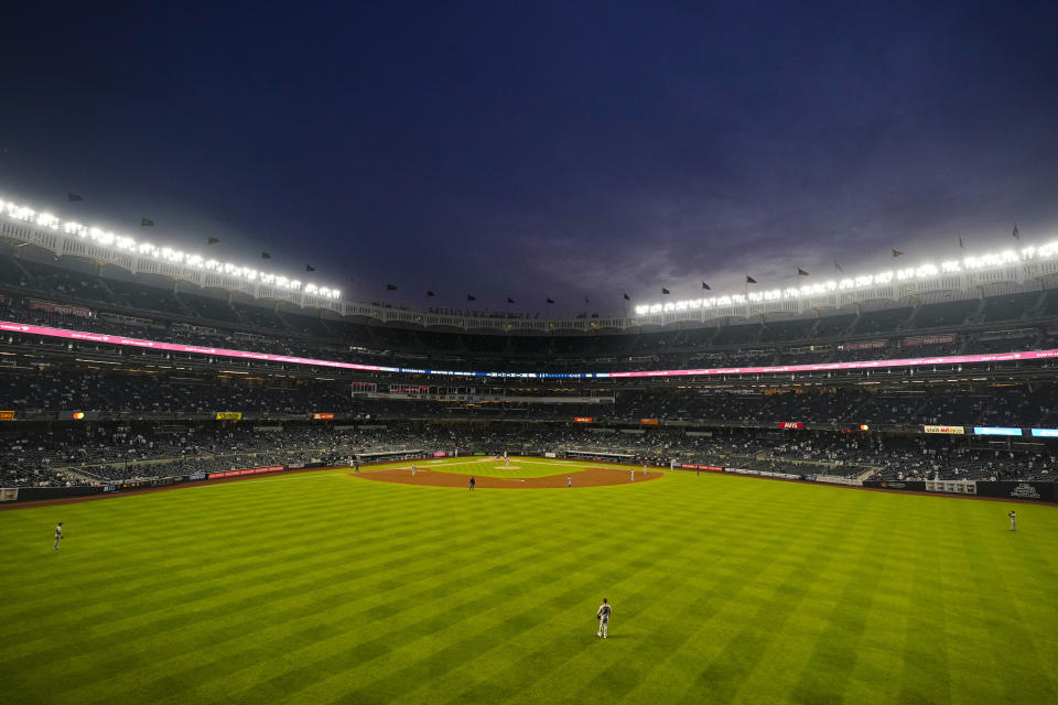 The Houston Astros play the New York Yankees during the third inning of a baseball game Tuesday, May 4, 2021, in New York. (AP Photo/Frank Franklin II)