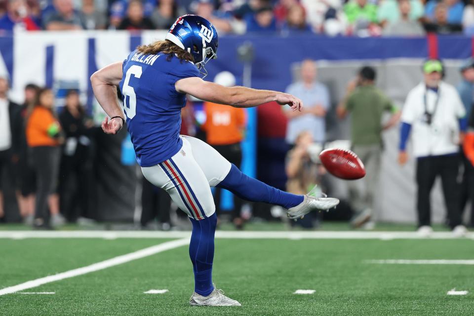 EAST RUTHERFORD, NEW JERSEY - OCTOBER 02: Jamie Gillan #6 of the New York Giants punts the ball during the second quarter against the Seattle Seahawks at MetLife Stadium on October 02, 2023 in East Rutherford, New Jersey. (Photo by Al Bello/Getty Images)