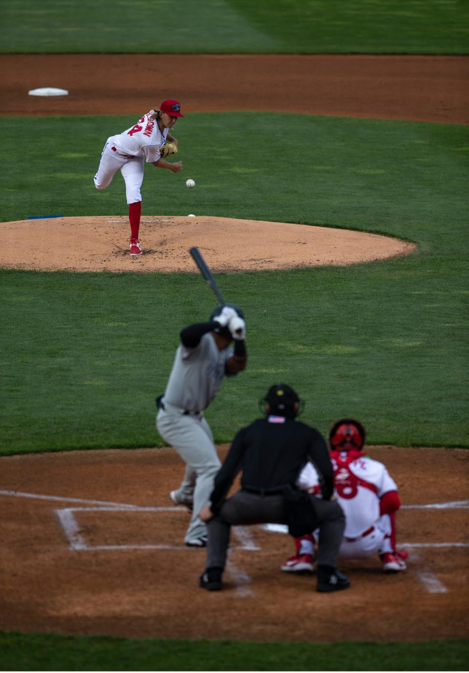 The Jersey Shore BlueClaws take the field for Opening Night at FirstEnergy Park in Lakewood. It was the first BlueClaws game since 2019. BlueClaws starting pitcher Ben Brown throws to the plate in the first inning.          Lakewood, NJTuesday, May 4, 2021  