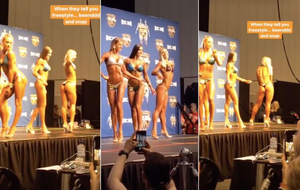 The 26-year-old appeared on stage at the ICN championships, revealing her toned physique in a dark bikini. Source: Instagram