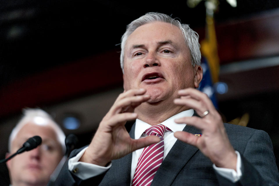 FILE - House Committee on Oversight and Accountability Chairman Rep. James Comer Jr., R-Ky., accompanied by House Republicans, speaks during a news conference on their investigation into the Biden Family on Capitol Hill in Washington, May 10, 2023. The years-long feud between congressional Republicans and the FBI is reaching a new level of rancor. Lawmakers are preparing a resolution to hold FBI director Christopher Wray in contempt of Congress. House Oversight Committee chairman James Comer has scheduled a vote on the contempt resolution for Thursday. (AP Photo/Andrew Harnik, File)