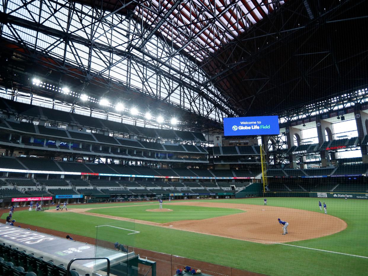The Texas Rangers play an intrasquad game during baseball practice at Globe Life Field in Arlington, Texas, Friday, July 10, 2020. (AP Photo/Tony Gutierrez)