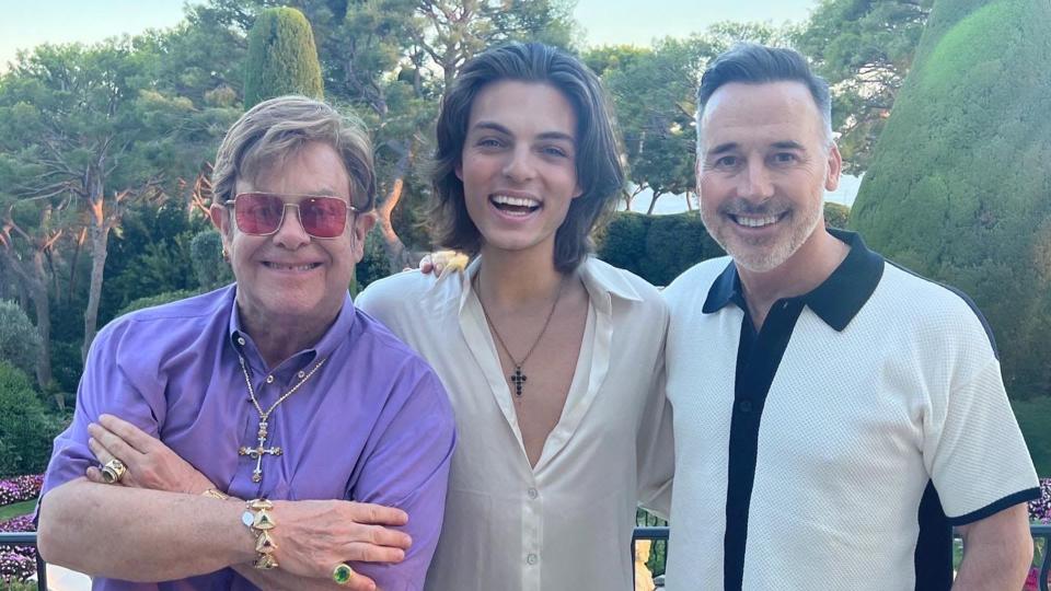 Damian Hurley with Elton John and David Furnish