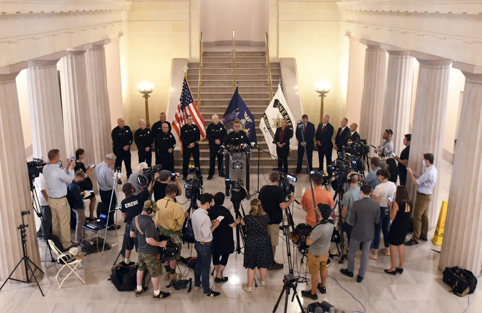 Albany County Sheriff Craig D. Apple speaks during a news conference concerning new complaint allegations against New York Gov. Andrew Cuomo Saturday, Aug. 7, 2021, in Albany, N.Y. Cuomo has faced renewed calls to step down after an independent investigation overseen by the state attorney general’s office concluded he sexually harassed 11 women and worked to retaliate against one of his accusers. (AP Photo/Hans Pennink)