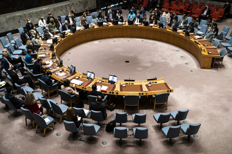 Zhang Jun, permanent representative of China to the United Nations, speaks during a meeting of the United Nations Security Council, Thursday, Sept. 23, 2021, during the 76th Session of the U.N. General Assembly in New York. (AP Photo/John Minchillo, Pool)