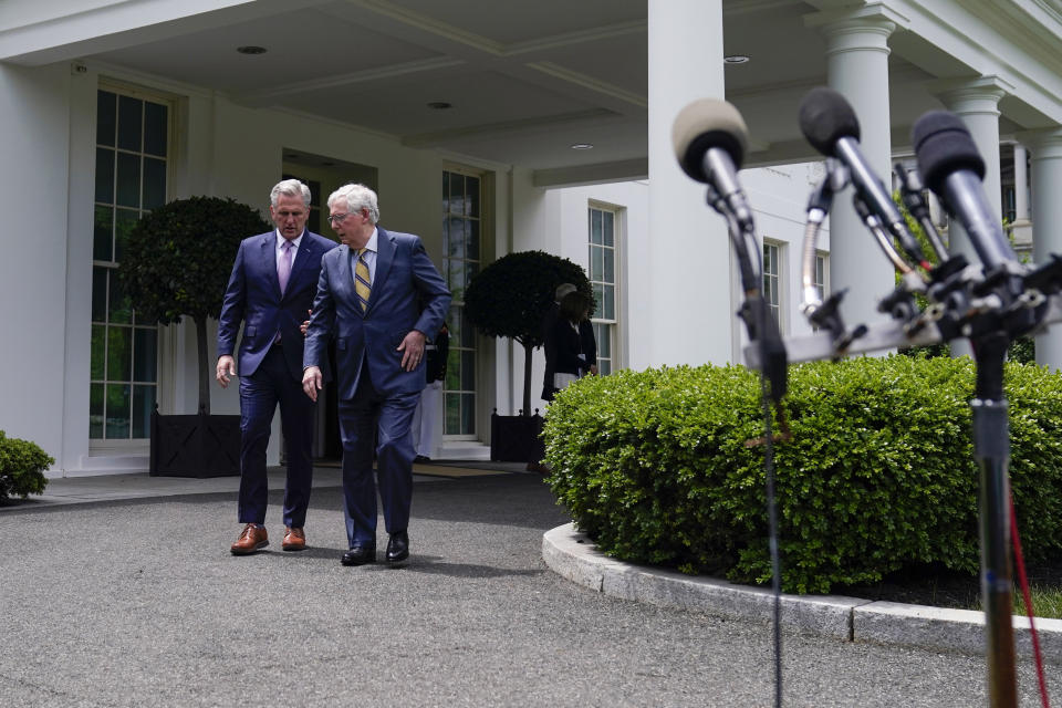 Senate Minority Leader Mitch McConnell of Ky., center, and House Minority Leader Kevin McCarthy of Calif., left, walkout together to speak to reporters outside the White House after a meeting with President Joe Biden, Wednesday, May 12, 2021, in Washington. (AP Photo/Evan Vucci)