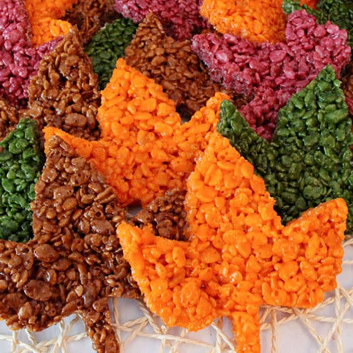 <p>Have the kids help make these desserts with a leaf-shaped cookie cutter, food dye, and a classic Rice Krispie Treat recipe.</p><p><strong>Get the recipe at <a rel="nofollow noopener" href="http://www.twosisterscrafting.com/fall-leaves-rice-krispie-treats/" target="_blank" data-ylk="slk:Two Sisters Crafting;elm:context_link;itc:0;sec:content-canvas" class="link ">Two Sisters Crafting</a>.</strong></p>