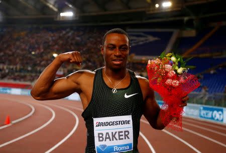 Ronnie Baker of the U.S celebratess winning the Men's 100m at the IAAF Diamond League, Golden Gala at Stadio Olimpico in Rome, Italy, May 31, 2018. REUTERS/Tony Gentile