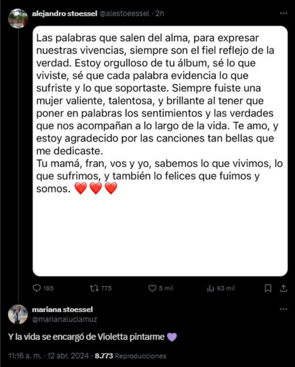 El contundente mensaje de Alejandro Stoessel y el comentario de Mariana Muzlera tras las repercusiones por el nuevo disco de Tini (Foto: X @alestoeessel)