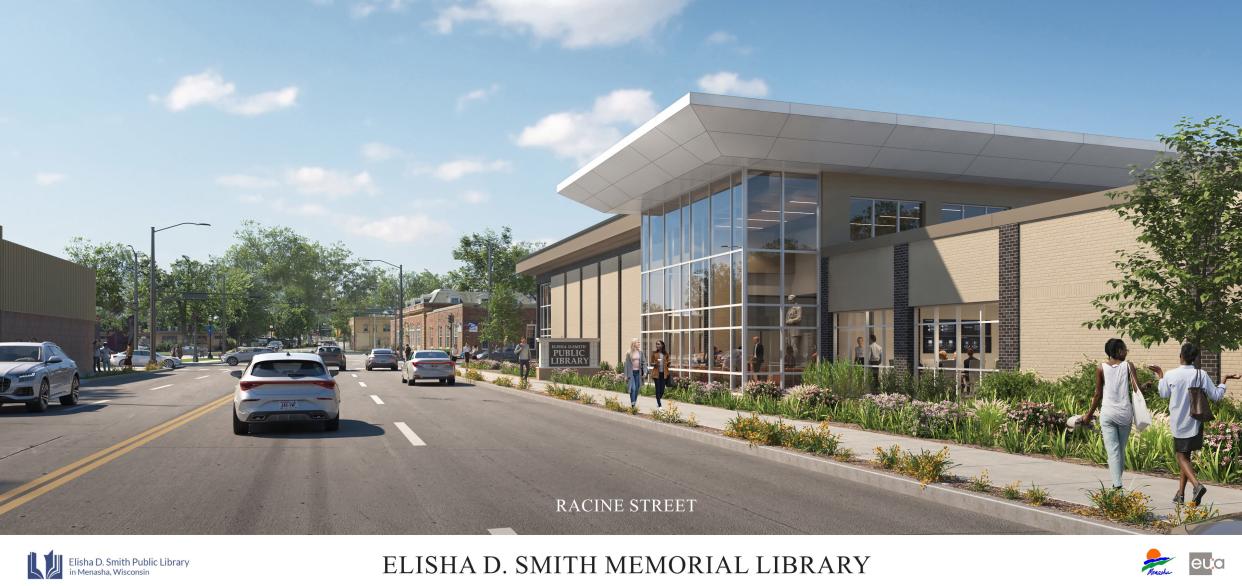 A conceptual rendering shows the renovated Menasha Public Library along Racine Street.