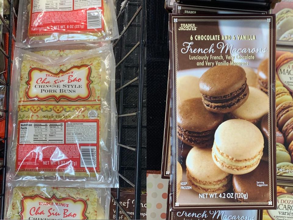 side by side photos of trader joes pork bao buns and trader joes french macarons