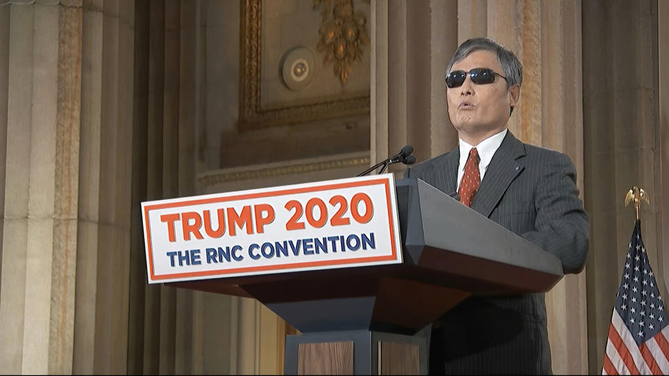 In this image from video, Chen Guancheng speaks from Washington, during the third night of the Republican National Convention on Wednesday, Aug. 26, 2020.(Courtesy of the Committee on Arrangements for the 2020 Republican National Committee via AP)