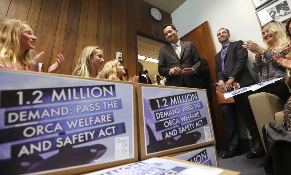 Supporters of a bill that bans holding killer whales for performance and entertainment purposes applaud Assemblyman Anthony Rendon, D-Lakewood, center, for pledging his support of the measure, Monday, April 7, 2014, at the Capitol in Sacramento, Calif. More than 1 million signatures where gathered in support of the bill, AB2140, that criticizes the negative aspects of captive orcas at Sea World. Rendon is the chairman of the Assembly Water, Parks and Wildlife Committee that will hear the bill Tuesday.(AP Photo/Rich Pedroncelli)