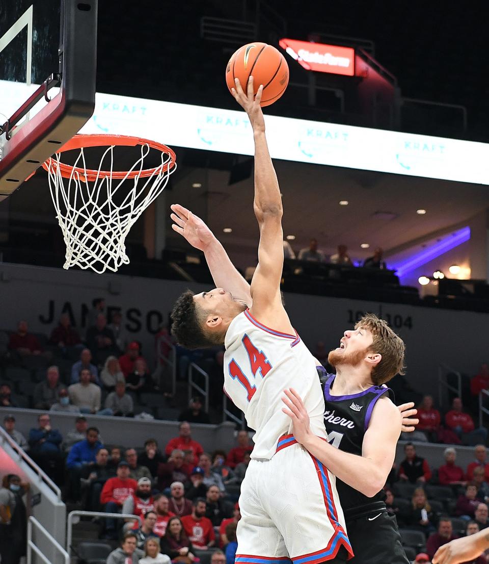 Bradley's Malevy Leons blocks a shot during a quarterfinal game Friday afternoon at the Missouri Valley Conference men's basketball tournament on March 3, 2023 at Enterprise Center in St. Louis. Bradley won 72-66.