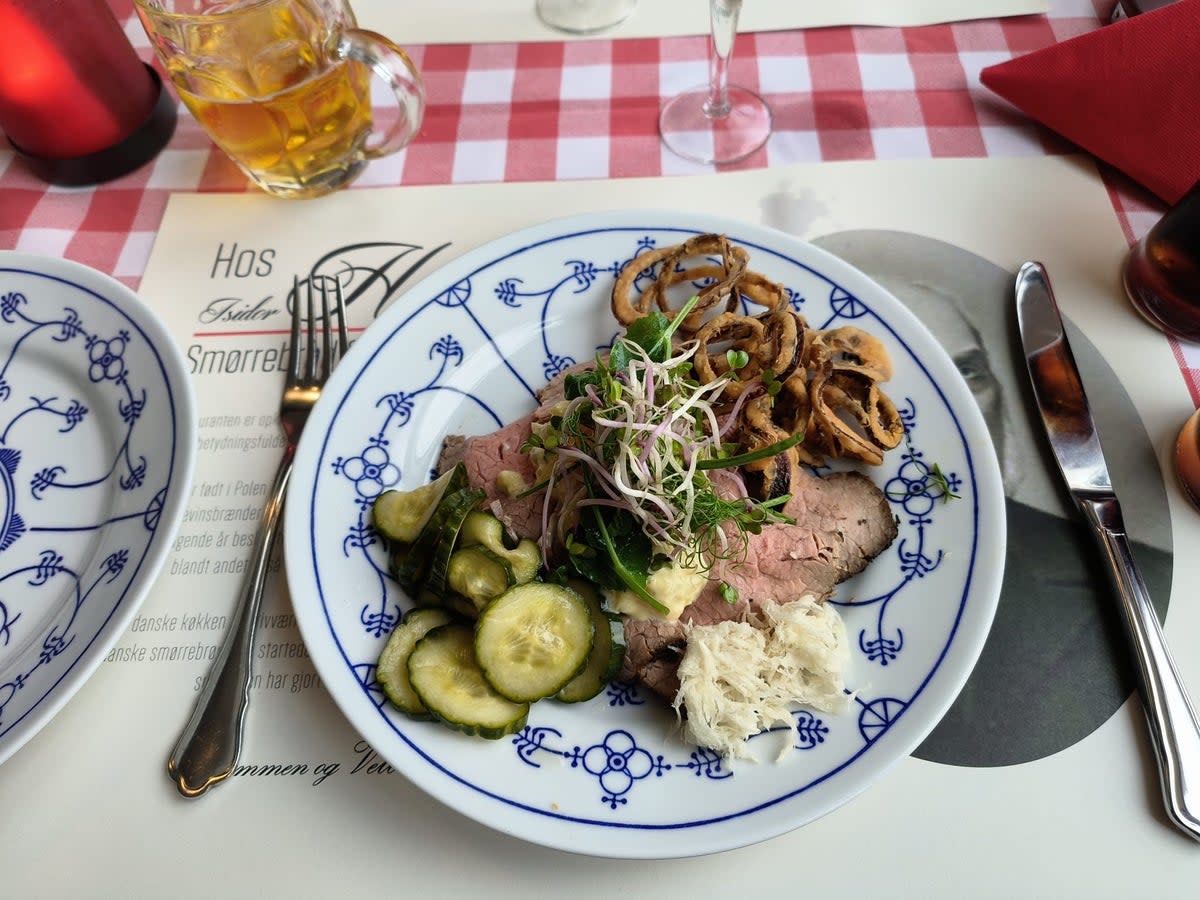 The Danish smørrebrød at Hos Isidor Henius, with roast beef, remoulade, horseradish and crispy onions (Joanna Whitehead)