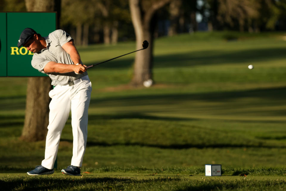 Bryson DeChambeau plays his shot from the 18th tee during the final round of the 120th US Open Championship on September 20, 2020 at Winged Foot Golf Club. 