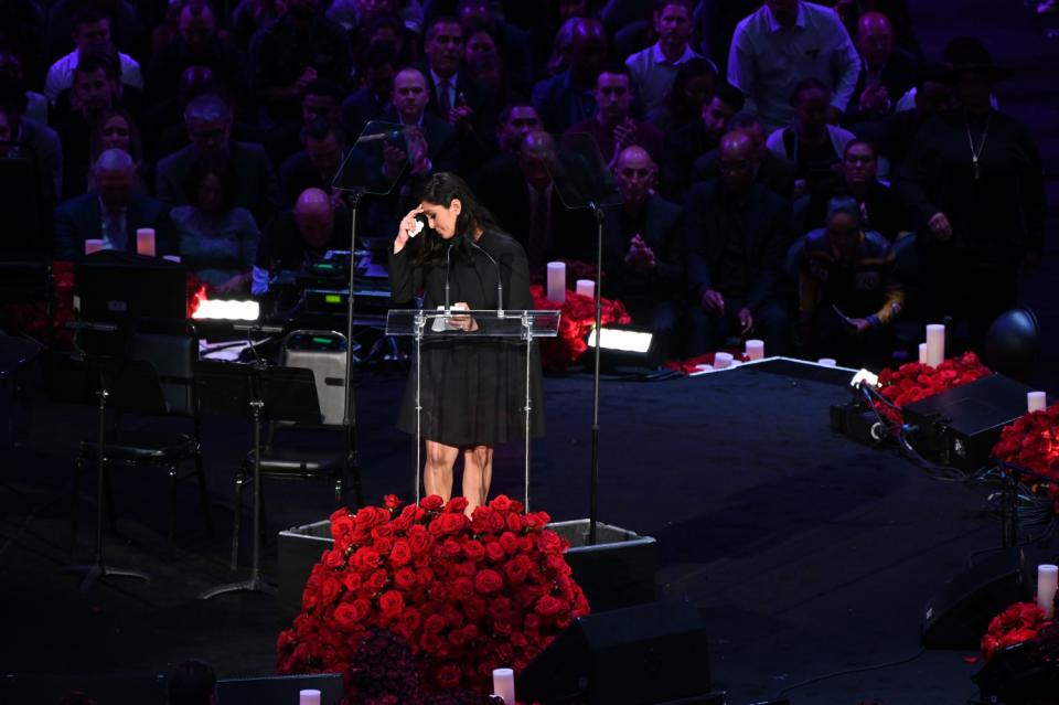 Vanessa Bryant speaks at a memorial for her husband and daughter.