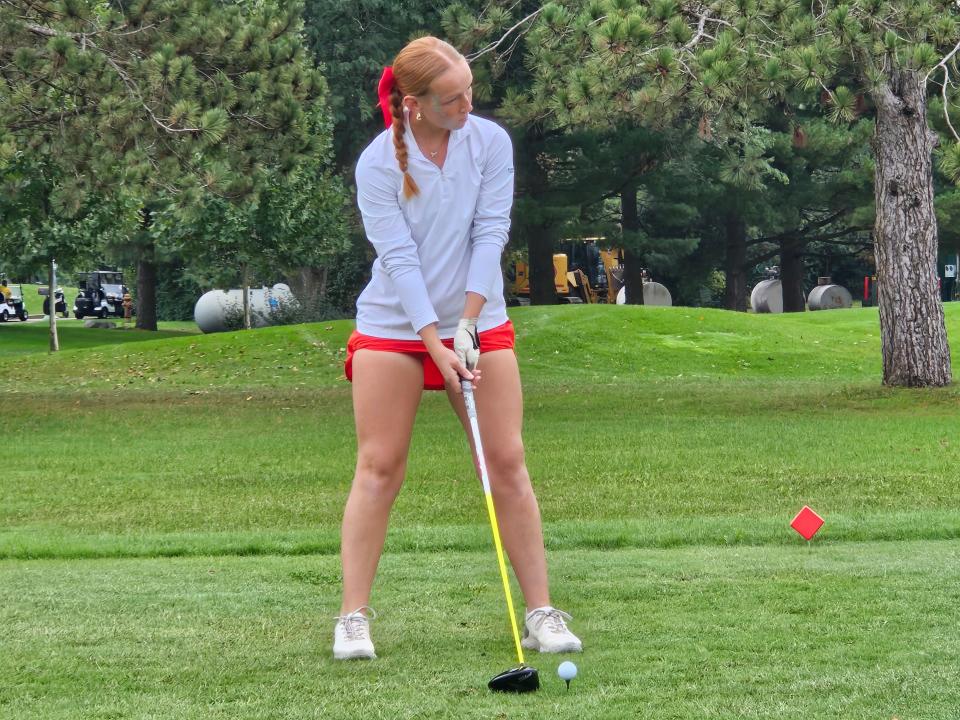 Southmont senior Addison Meadows tees off during the IHSAA girls golf regional championship at Battle Ground Golf Club in Battle Ground, Ind. on Saturday, Sept. 28, 2024.