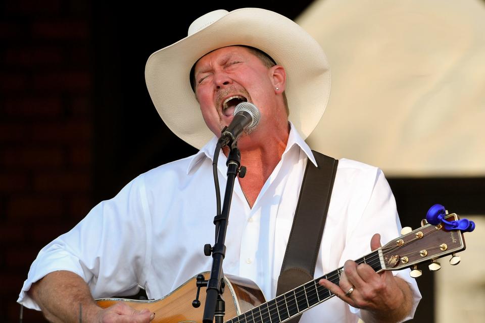 Tracy Lawrence sings during a public memorial service for Charlie Daniels outside of Sellars Funeral Home in Mt. Juliet, Tenn., Wednesday, July 8, 2020.