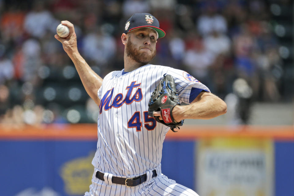 New York Mets starting pitcher Zack Wheeler throws during the first inning of a baseball game against the Philadelphia Phillies at Citi Field, Sunday, July 7, 2019, in New York. (AP Photo/Seth Wenig)