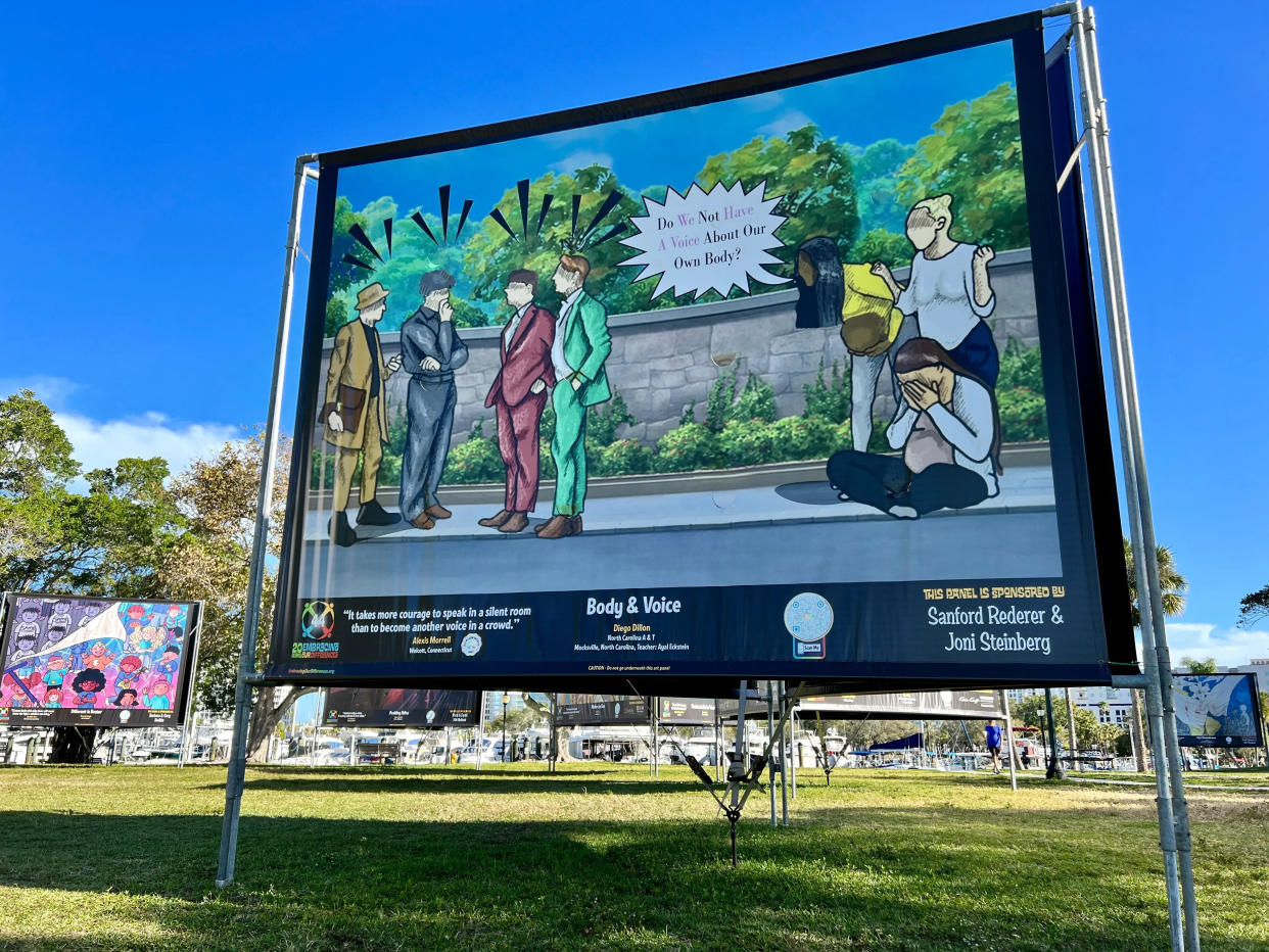 "Body & Voice" by Diego Dillon, on display at the Embracing Our Differences annual art exhibit at Bayfront Park, in Sarasota. The piece was one of three that State College of Florida, Manatee-Sarasota asked the organization to remove before coming to campus.