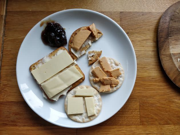 Cheeseboard featuring I Am Nut OK's PapaRica and VioLife epic mature cheddar.