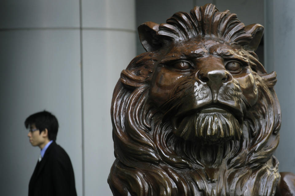 A bronze lion statue is seen outside the HSBC headquarters in Hong Kong Monday, March 3, 2008. HSBC Holdings PLC said Monday that net profit rose 21 percent, as sharp growth in its Asian operations helped offset hefty impairments on subprime and other loans in its U.S. consumer finance business. (AP Photo/Vincent Yu)