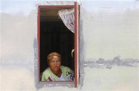 Garlic farmer Molly Nikelo peers out of a shack window in Nieu-Bethesda in the Karoo October 11, 2013. REUTERS/Mike Hutchings