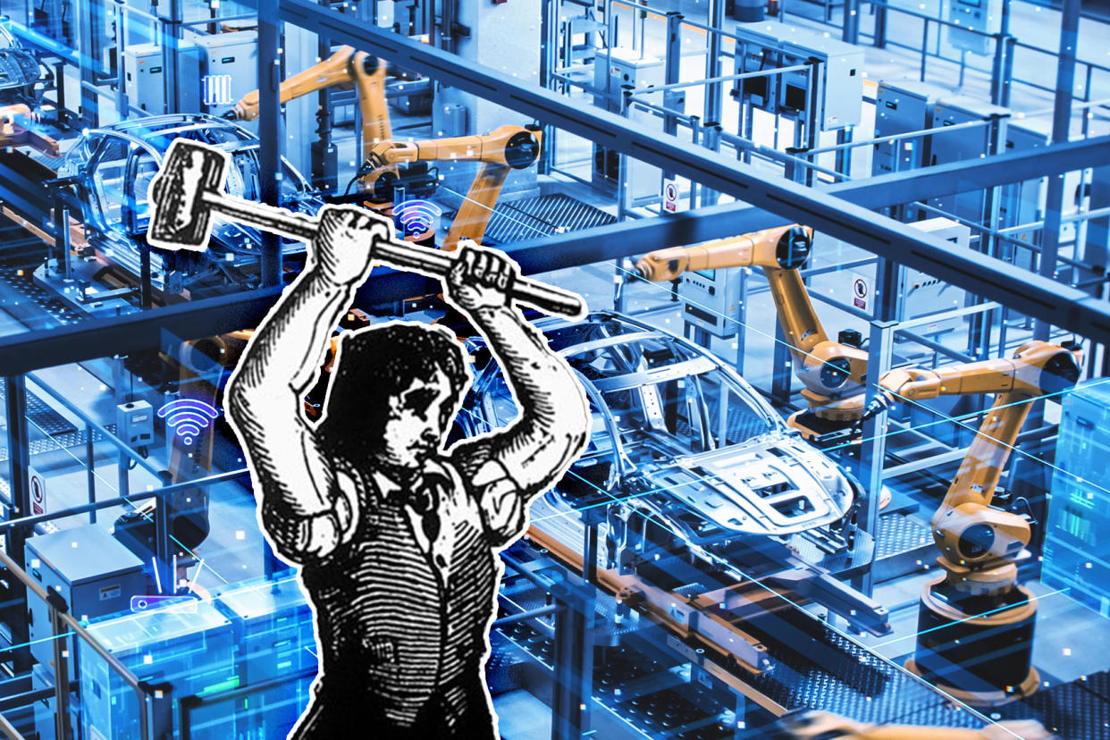 Luddite Frame-breaker wielding a hammer; Automated car building factory robots Photo illustration by Salon/Getty Images/Wiki Commons