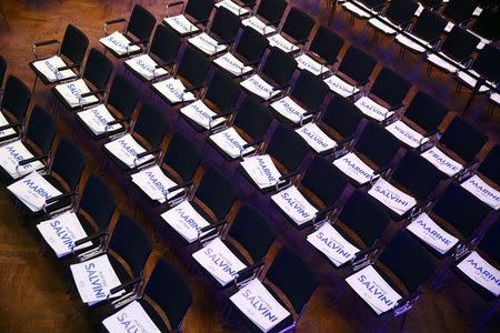 Chairs prepared with placards showing the names of Germany's Alternative for Germany (AfD) leader Frauke Petry, Matteo Salvini of the Northern League, France's National Front leader Marine Le Pen and Netherlands' Party for Freedom (PVV) leader Geert Wilders before the start of a European far-right leaders meeting to discuss about the European Union, in Koblenz, Germany, January 21, 2017. REUTERS/Wolfgang Rattay