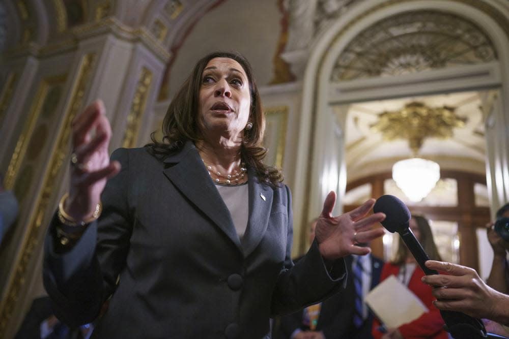 ice President Kamala Harris speaks to reporters as she leaves the Senate chamber following the procedural vote on the For the People Act, a sweeping bill that would overhaul the election system and voting rights, at the Capitol in Washington, Tuesday, June 22, 2021. (AP Photo/J. Scott Applewhite)