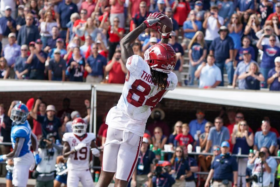 Oct 9, 2021; Oxford, Mississippi, USA; Arkansas Razorbacks wide receiver Warren Thompson (84) catches a pass for a touchdown with 1 second to go against Mississippi Rebels at Vaught-Hemingway Stadium. Mandatory Credit: Marvin Gentry-USA TODAY Sports