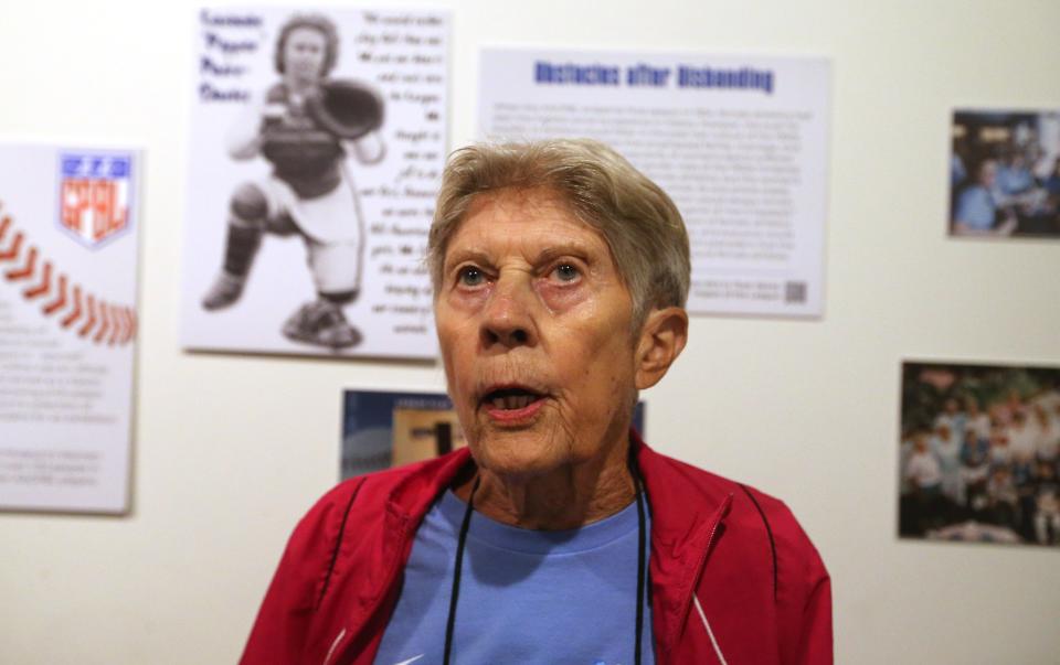 Corky Carl speaks of her days as a bat girl for the South Bend Blue Sox in the All-American Girls Professional Baseball League. Players, fans and families gathered at The History Museum in South Bend this past weekend for a reunion.