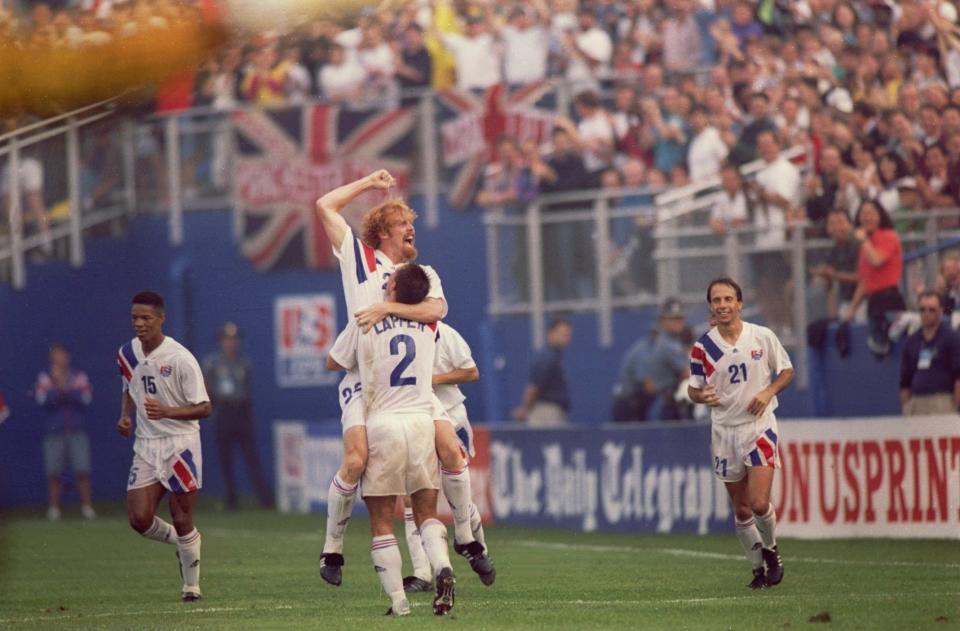 Alexi Lalas celebrates scoring against England in 1993.  Mandatory Credit: Shaun Botterill/ALLSPORT