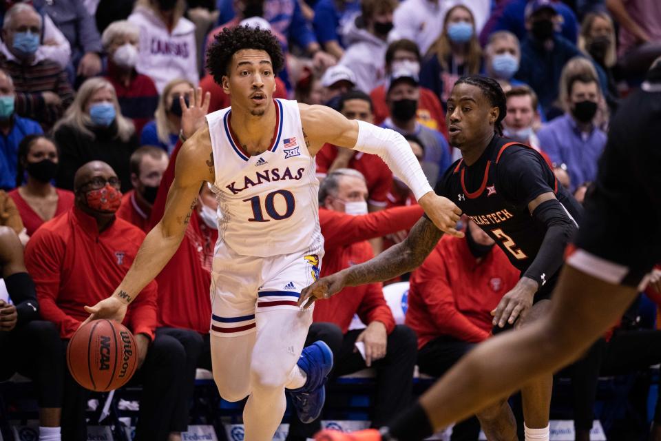 Kansas redshirt sophomore Jalen Wilson (10) during the against Texas Tech. Kansas won in double overtime 94-91 on Monday at Allen Fieldhouse.