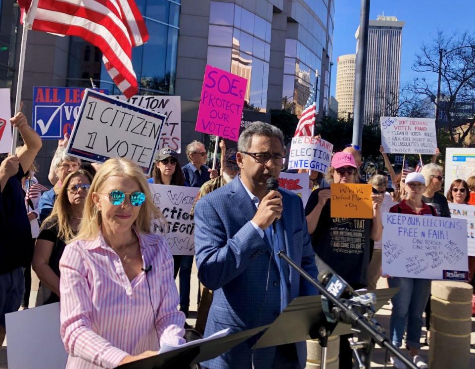 Defend Florida co-founder Raj Doraisamy speaks at a rally in Tampa on Thursday. The group has been investigating alleged “voting irregularities” in Florida and advocating for changes to election law based on their findings, but elections officials have dismissed their claims.