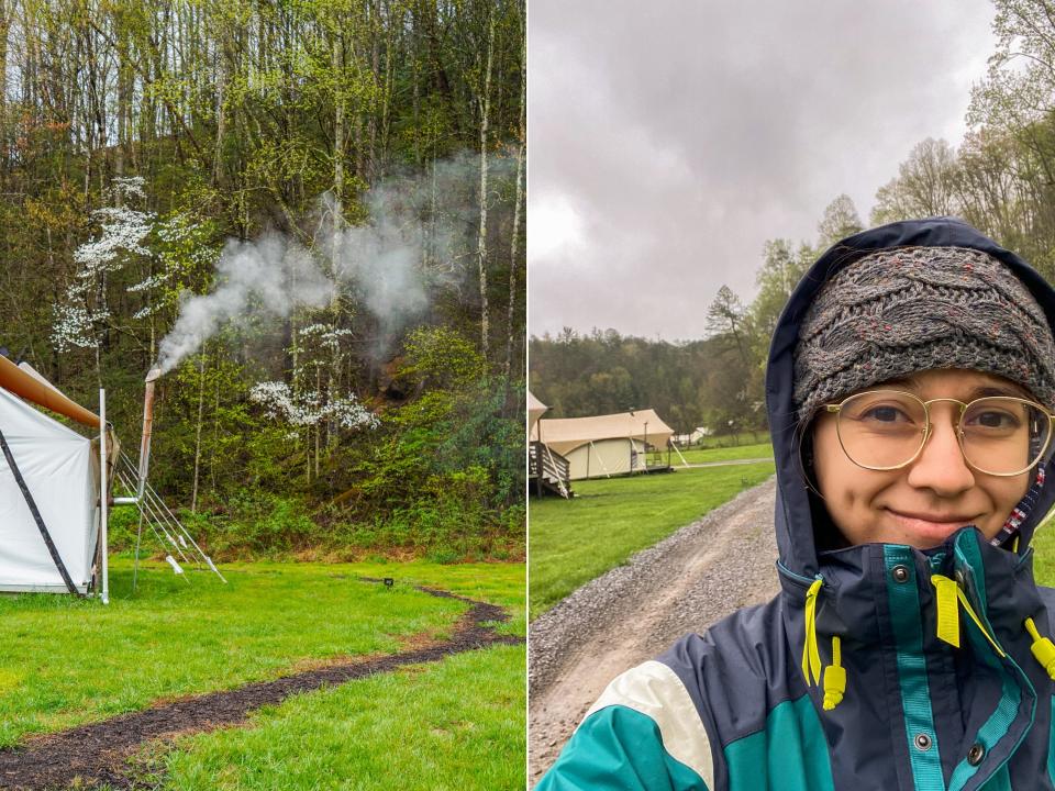 Left: White flowers next to a tent in the woods. Right: The author in a coat smiling in front of the campsite with grey skies behind her.